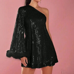 Black Party Women's Faux Fur Oblique Shoulder Long Sleeve Short Casual Dress